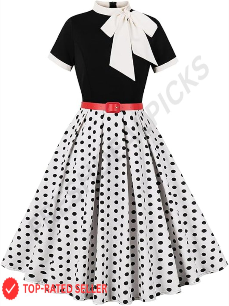 50s Style Swing Dress With Belt Short Sleeve Tie Neck Midi Prom Dress
